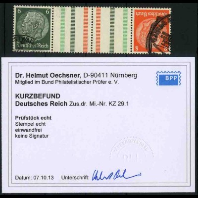 Dt. Reich, KZ 29.1, gestempelt, Befund BPP, Mi. 140,- (3389)