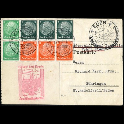 Dt. Reich, HBl. 92, Einzelfrankatur auf Zeppelin-Karte (Eger/Sudetenland)