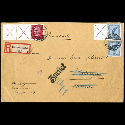 Dt. Reich, W 21.1 + W 30.2 portogerecht auf R-Brief, Mi. 150,- (5154)