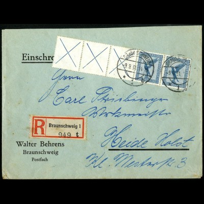 Dt. Reich, W 21.3, unterfrankierter R-Brief, vollst. Zähnung, Mi. 300,- (5184)