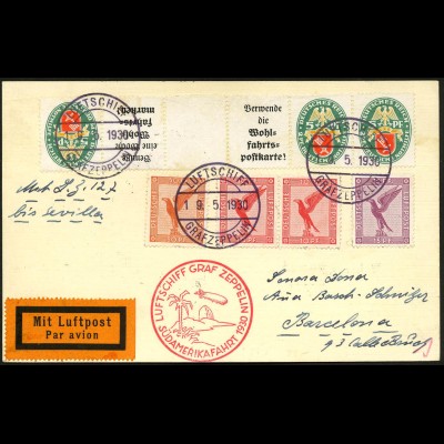 Dt. Reich, KZ 14, portogerecht auf Zeppelin-Karte, Mi. 1800,- (5367)