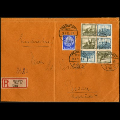 Dt. Reich, SK 15 (2) + W 41, portogerecht auf R-Brief, Mi. 78,- (5406)