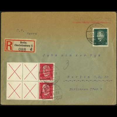 Dt. Reich, W 30.2 (2), portogerecht auf Orts-R-Brief, Mi. 230,- (5790)