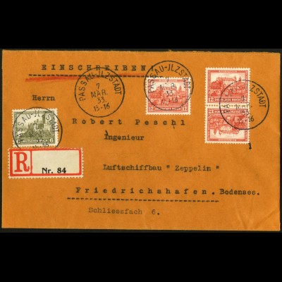 Dt. Reich, SK 16, portogerechter R-Brief an Firma Zeppelin, Mi. 50,- (6083)