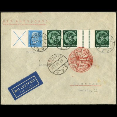 Dt. Reich, WZ 9 + W 26, portogerecht auf Luftpost-Brief, Mi. 130,- (6177)