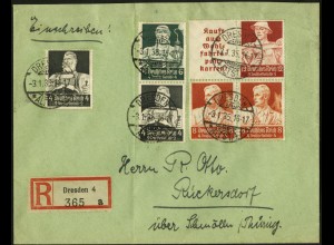 Dt. Reich, S 225, S 229, S 219, portogerecht auf R-Brief, Mi. 138,- (6894)