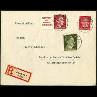 Dt. Reich, Mi. W 156, portogerecht auf R-Brief