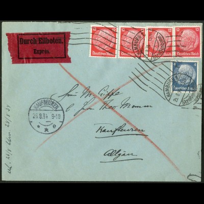 Dt. Reich, Hamburger Straßenbahnpost 1934, portoger. Eil-Brief (8762)