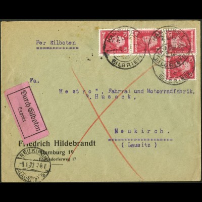 Dt. Reich, Hamburger Straßenbahnpost 1927, unterfrank. Mehrfachfr. (8790)
