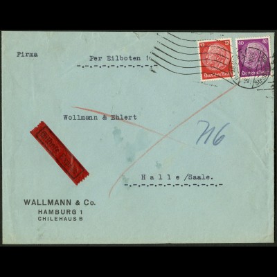 Dt. Reich, Hamburger Straßenbahnpost 1939, portoger. Eil-Brief (8818)