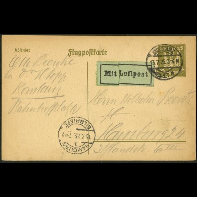 Dt. Reich, Straßenbahnpost 1925, portoger. Luftpost-GA-Karte (8846)