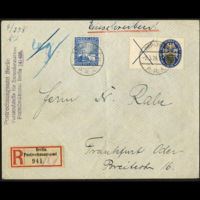 Dt. Reich, W 20.1, portogerechter R-Brief, Mi. 1200,- (9459)