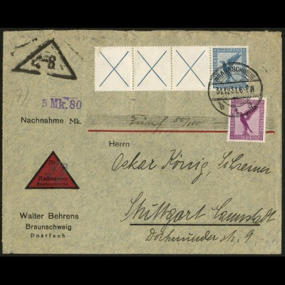 Dt. Reich, W 21.3, portogerecht auf Nachnahme-Brief, Mi. 300,- (9698)