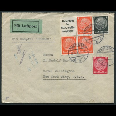 Dt. Reich, W 65, auf Auslands-Brief, Dampfer "Bremen" (11516)