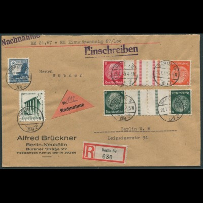 Dt. Reich, KZ 22.4 + KZ 33, portogerechter Orts-Nachnahme-R-Brief (12276)