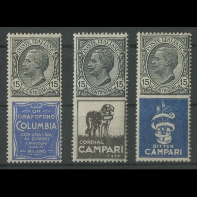Italien, 130/R1 bis 3, drei postfrische Reklame-Zd., Mi. 58,- (13073)
