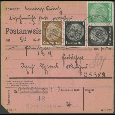 Dt. Reich, Mi. W 71 (4) + W 77 (4), portogerechte Postanweisung (13745)