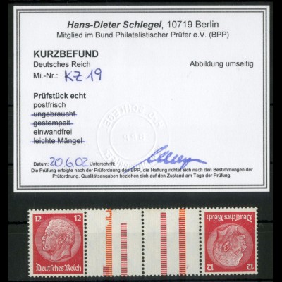 Dt. Reich, KZ 19, postfrisch, Befund BPP, Mi.-Handbuch 50,- (19739)