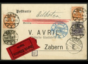 Dt. Reich S 9 ba, portogerechte Eil-Postkarte Lothringen, gepr. Infla (20712)