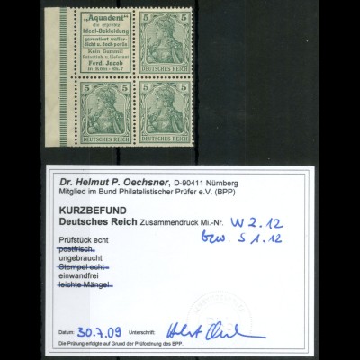 Dt. Reich, S 1.12 mit Rand, ungebraucht, Befund BPP, Mi. 900,- (21097)