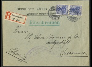 Dt. Reich, 87 I (2)Perfin, portoger. Mehrfachfr., Ausl.-R-Brief, Schweiz(23564) 