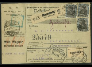 Dt. Reich, 104 (28), portoger. Mehrfachfr., Ausl.-Paketkarte, Norwegen (23568) 