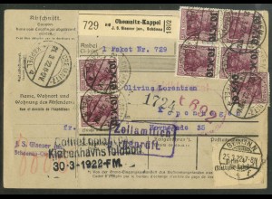 Dt. Reich, 157 (7), portoger. Mehrfachfr., Ausl.-Paketkarte, Dänemark (23581) 