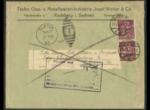 Dt. Reich, 165 (2), portoger. Mehrfachfr., Auslands-Brief, USA (23582) 